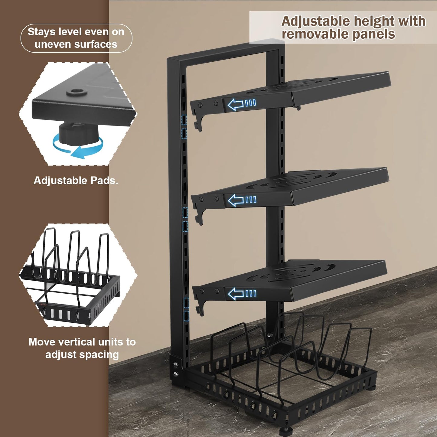 XPIY Pots and Pans Organizer under Cabinet, Cutting Board Pot Lid Storage Rack with 4 Adjustable Tiers and 7 Storage Units, Pan Holder under Sink, 25% Thicker Kitchen Metal Heavy Duty Pan Organizer