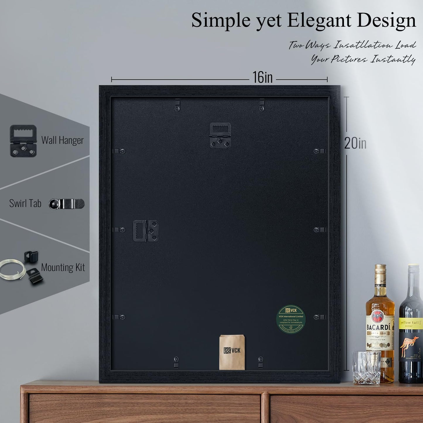 VCK 16x20 Picture Frame 2 Pack, Natural Wood Grain Black Oak & HD Glass, Display 11x14 Poster with Mat or 16x20 without Mat, Wall Hanging