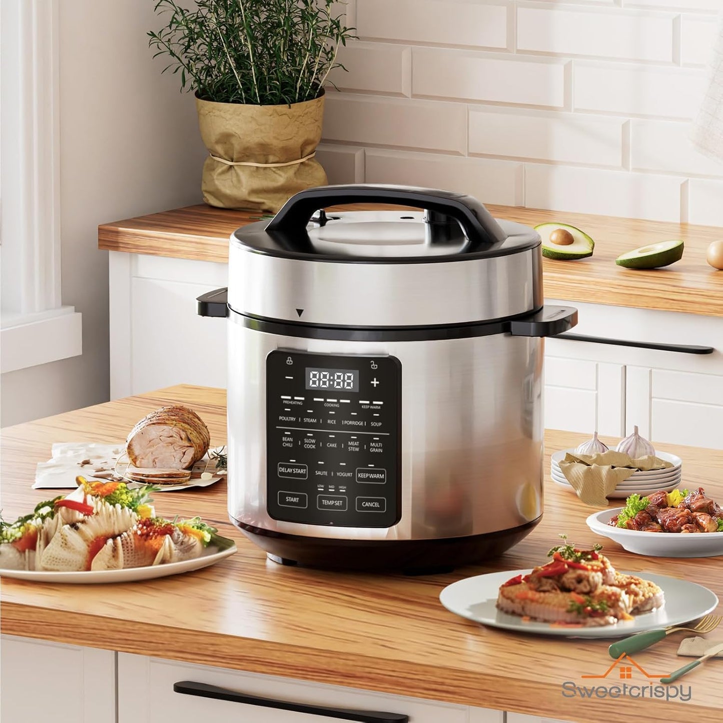 Sweetcrispy 6 QT Electric Pressure Cooker - 12-in-1 Multi-Function Digital Cooker | Stainless Steel Silver