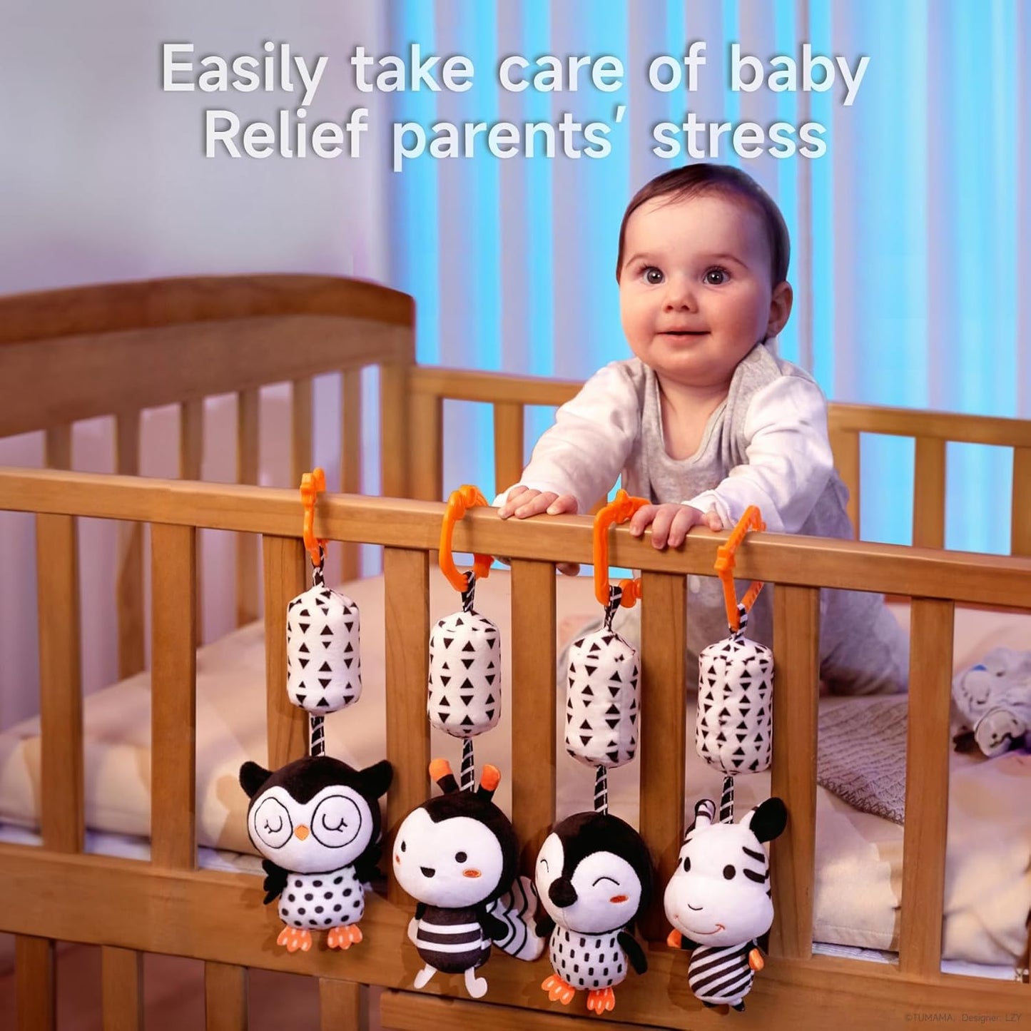 TUMAMA Plush Hanging Rattles - Black and White Baby Toys for Newborns | 4 Pack for Stroller Fun