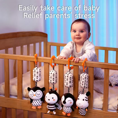 TUMAMA Plush Hanging Rattles - Black and White Baby Toys for Newborns | 4 Pack for Stroller Fun