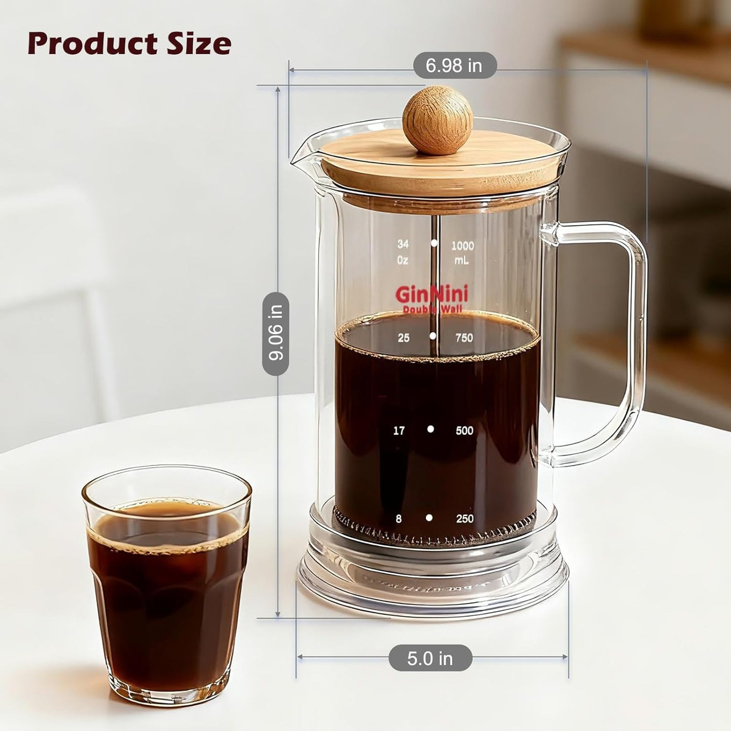 Skiennix French Press Coffee Maker - 34-Ounce Double Wall Glass with Stainless Steel Filter & Bamboo Lid