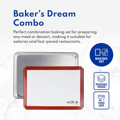 New Star Foodservice 18-Gauge Aluminum Sheet Pan Set - Includes Silicone Baking Mat, 15 x 21 Inch