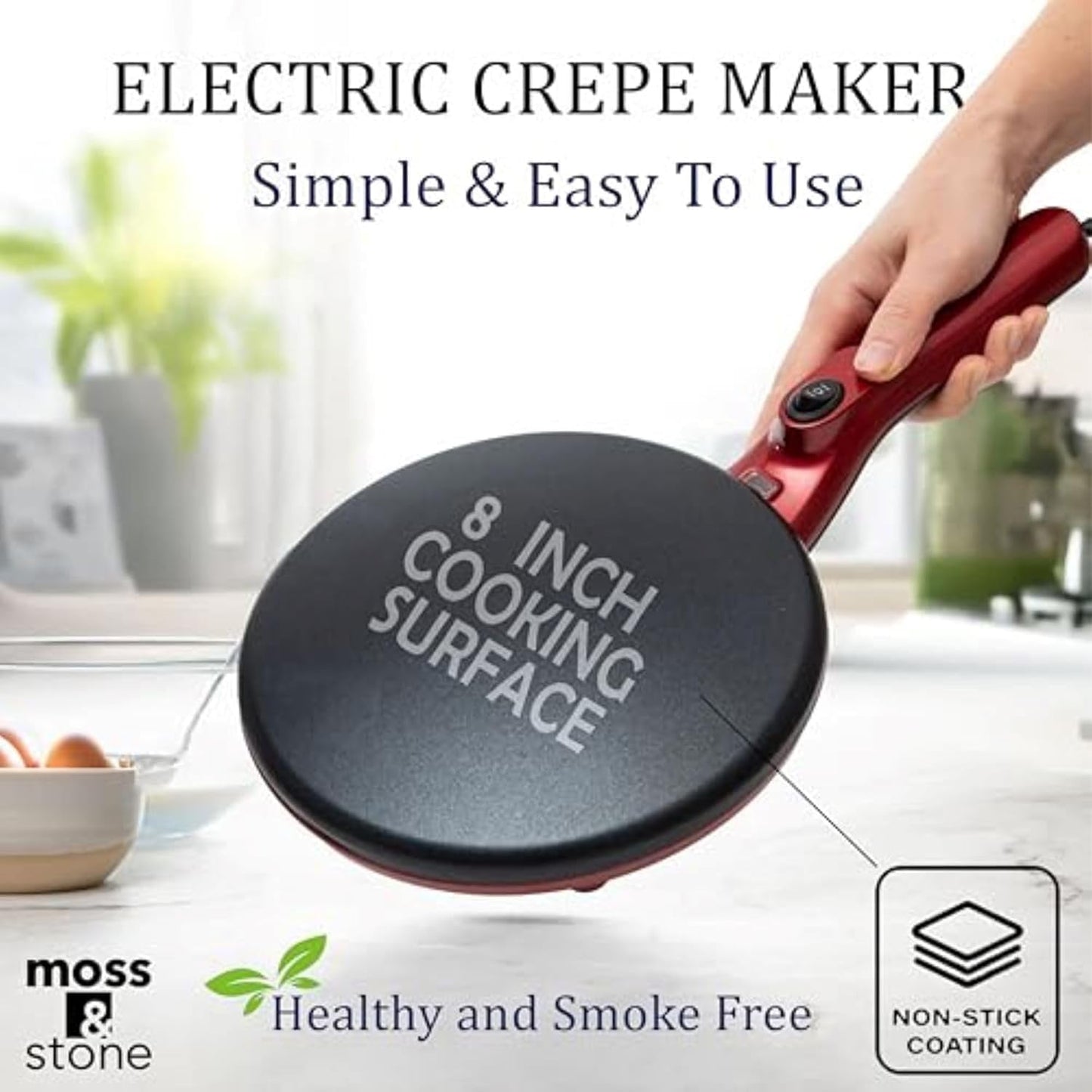 Moss & Stone Electric Crepe Maker - 8 Inch Nonstick Portable Hot Plate with Dual Temperature Control