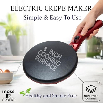 Moss & Stone Electric Crepe Maker - 8 Inch Nonstick Portable Hot Plate with Dual Temperature Control