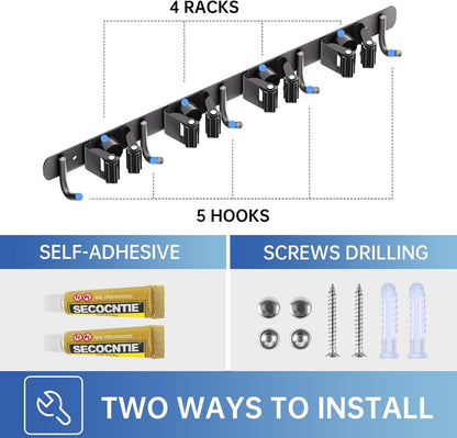 ZONGOOL Broom Holder Wall Mount - Heavy Duty 4 Racks & 5 Hooks Organizer for Home, Kitchen, Garage (Black)