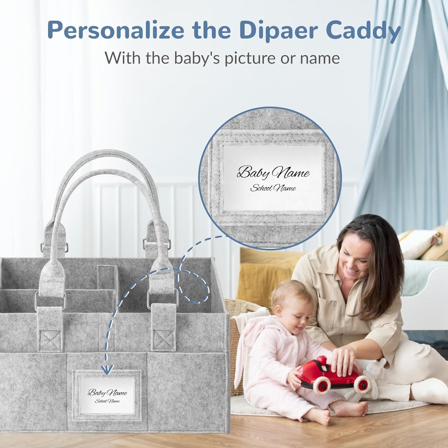 Skiennix Diaper Caddy Organizer - Collapsible Baby Basket with Handle & Photo Frame - Grey, 11.8 x 6.3 x 9.0 Inch