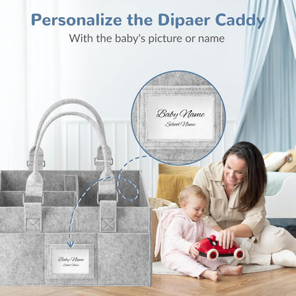 Skiennix Diaper Caddy Organizer - Collapsible Baby Basket with Handle & Photo Frame - Grey, 11.8 x 6.3 x 9.0 Inch