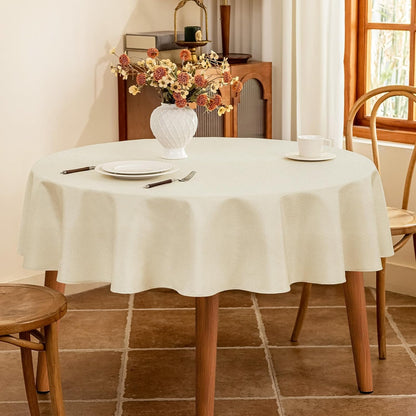 Textured Round Tablecloth - 60 Inch Beige, Water-Resistant Faux Linen for 2-4 Seat Dining Tables