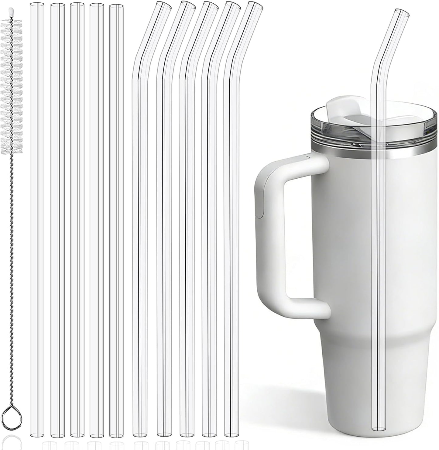 PROOCI 12" Replacement Straws - 10-Pack Food Grade Tritan Plastic for Stanley & Yeti Tumblers | Clear Reusable Straws with Cleaning Brush