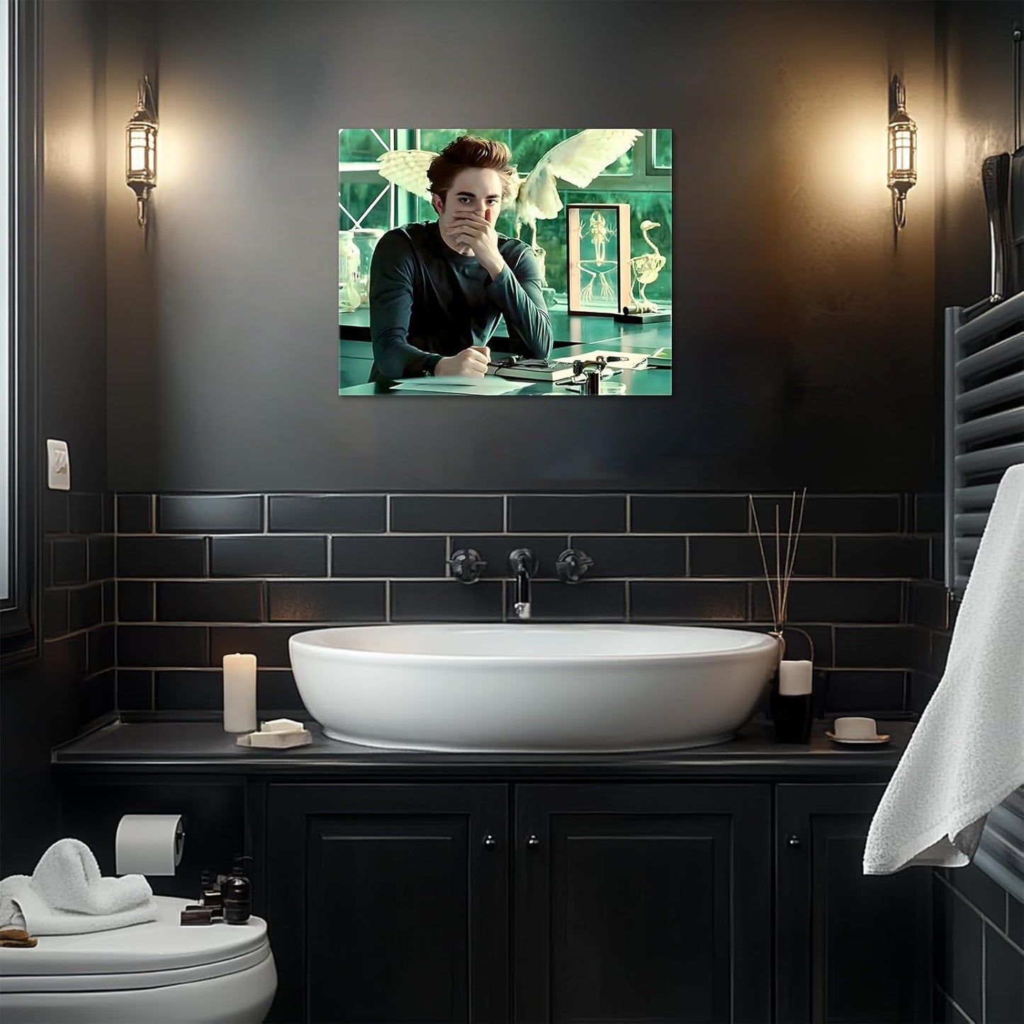 Twilight Saga Funny Framed Canvas Wall Art - Humorous Edward Oil Painting for Bathroom & Living Room (11 x 14 in)