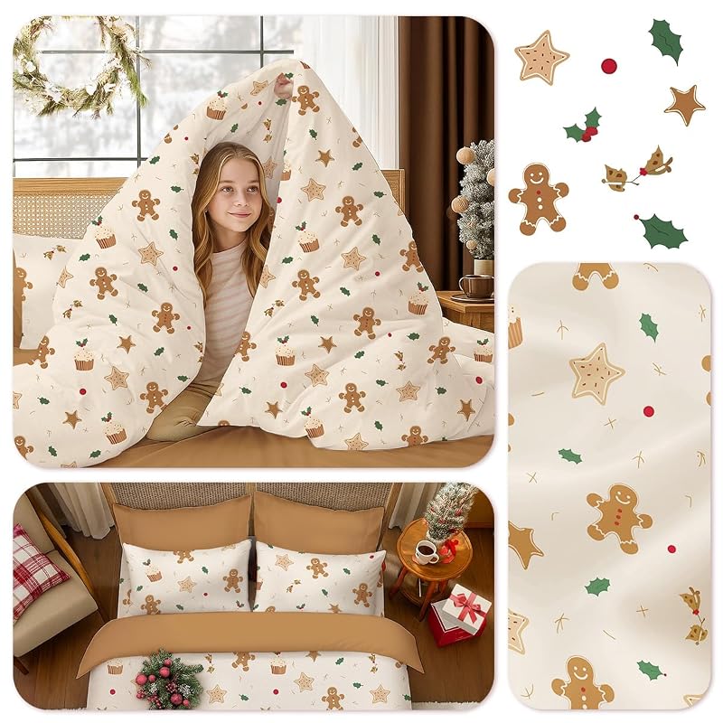 Beige Cartoon Christmas Duvet Cover Twin - 1 Duvet Cover + 1 Pillowcase, Microfiber, For Kids & Adults (Variation: Beige Cartoon+Twin(No Comforter))