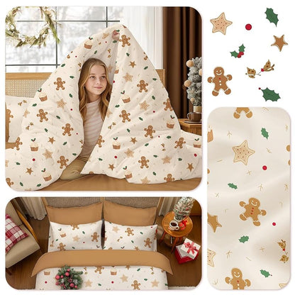 Beige Cartoon Christmas Duvet Cover Twin - 1 Duvet Cover + 1 Pillowcase, Microfiber, For Kids & Adults (Variation: Beige Cartoon+Twin(No Comforter))