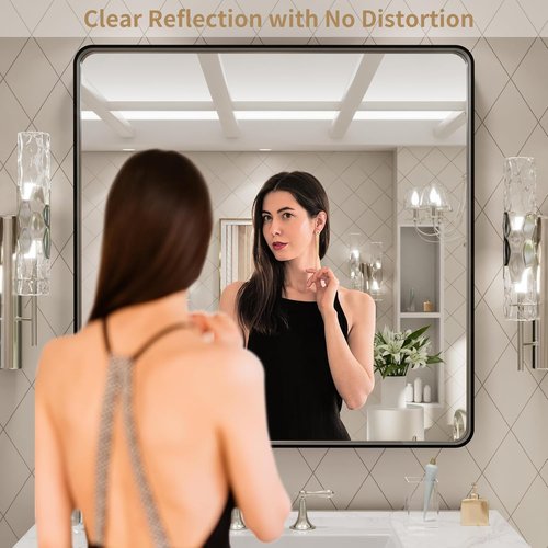 LOAAO Black Metal Framed Bathroom Mirror - 30x30 Inch Large Rounded Rectangle, Anti-Rust, Versatile Hang