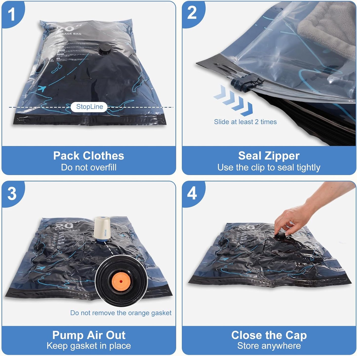 Skiennix Travel Vacuum Bags - 12 Pack with Rechargeable Pump for Clothing Space Saving Storage
