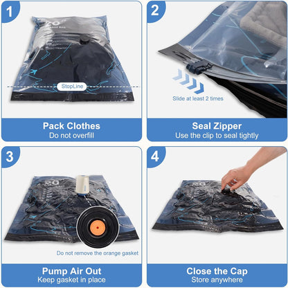 Skiennix Travel Vacuum Bags - 12 Pack with Rechargeable Pump for Clothing Space Saving Storage