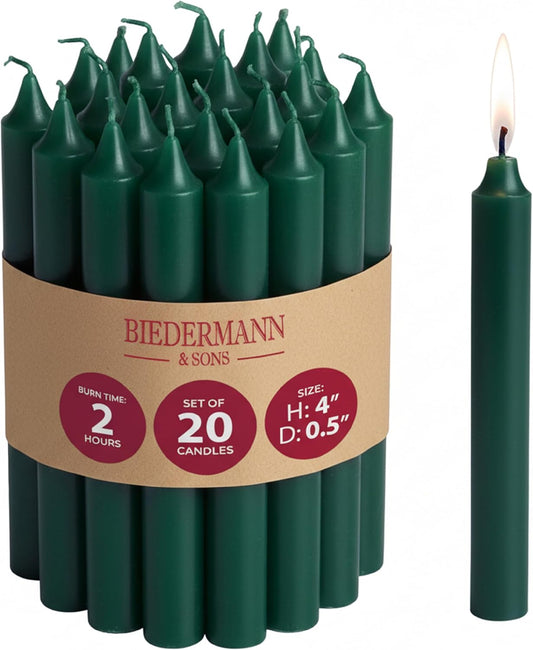 Biedermann & Sons Unscented Tree & Chime Candles - Long Burning, Pine Green, 4 Inch Tall | Set of 20