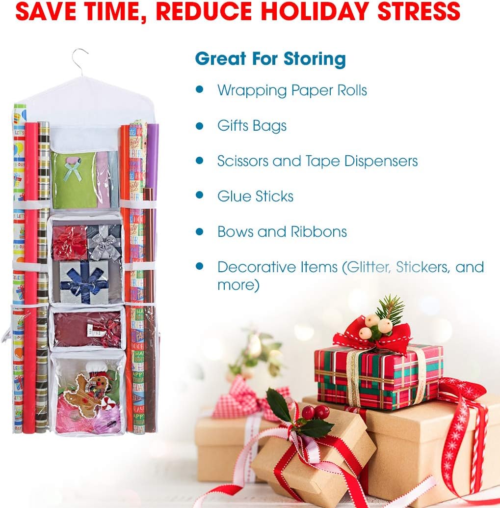 ProPik Wrapping Paper Storage Organizer - Double-Sided Design with Multiple Pockets | 40” x 17” (White)