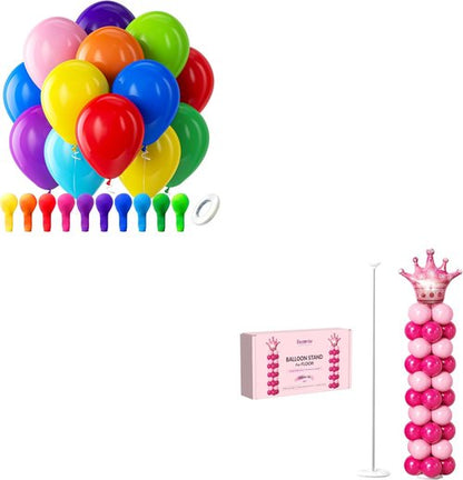 Bezente Rainbow Latex Balloons - 100 Pack with Adjustable 6.6ft Balloon Column Stand Kit