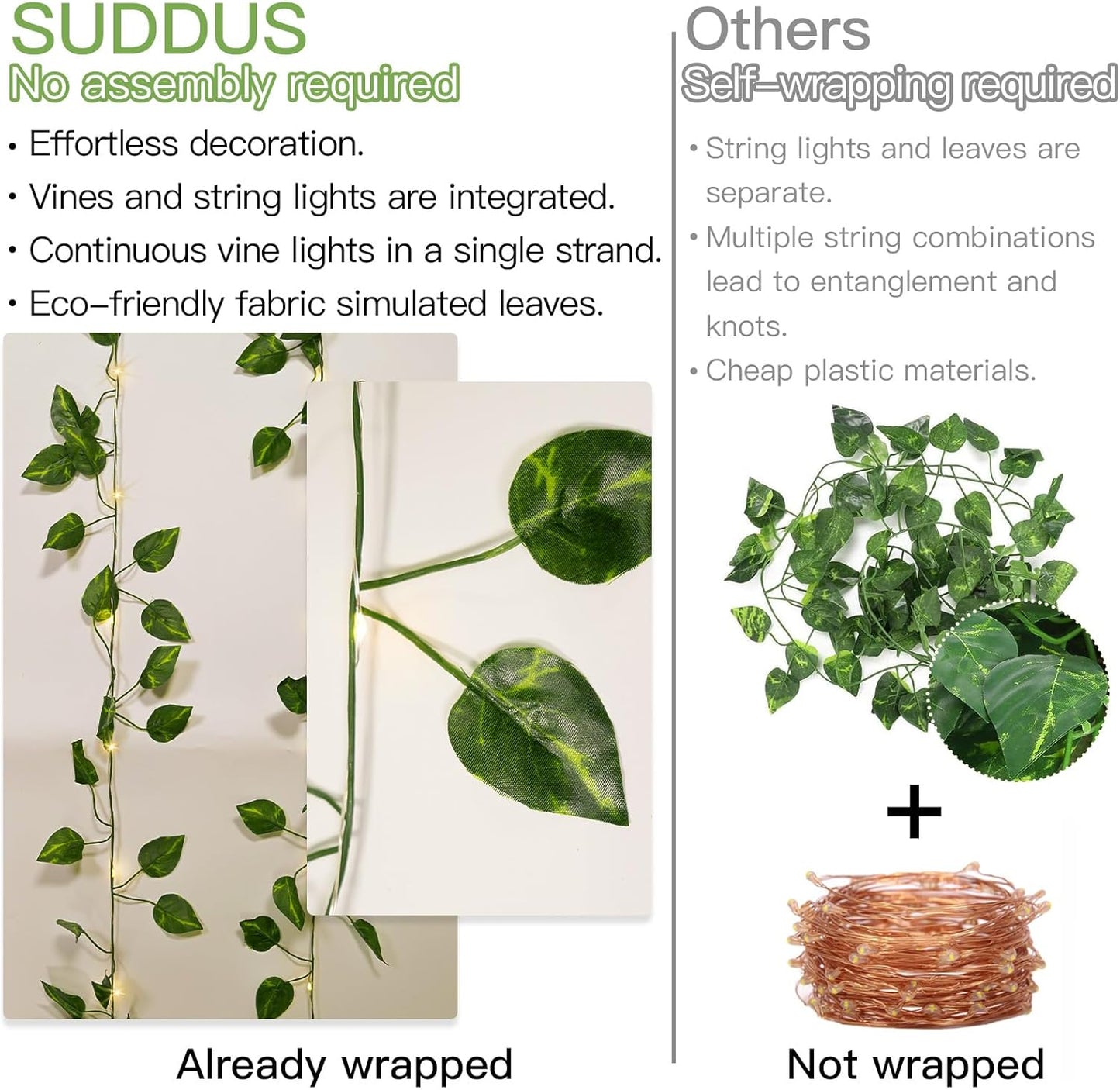 Suddus Vines with Lights - 20 LED Battery Operated Fairy Lights | 6.56FT Pothos String Lights for Bedroom, Garden, Party Decor (Warm White)