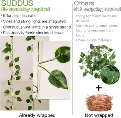 Suddus Fairy Lights Vine - 13.1ft 40 LED Battery Operated Pothos String Lights with Remote | Warm White Decor for Bedroom, Garden, Party, Wedding