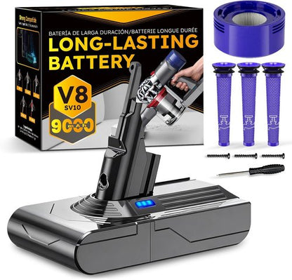 Dyson V8 Battery Replacement - Upgraded 9000mAh Power for Animal/Absolute/Motorhead Vacuums | Includes 4 Filters