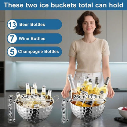 Ice Bucket of 2 Pack, 7L (10.3 * 10.3 * 5.9in) Large Ice Buckets for Parties,Metal Beverage Tub,Wine Bucket with Scoop,Champagne Bucket,Large Ice Buckets for Wine,Beer, Bottle Drinks, Dishwasher Safe