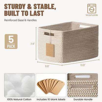 5 Pack Cotton Rope Storage Baskets by [Brand Name] - Decorative Organizer Bins for Toys, Books, Clothes | Khaki