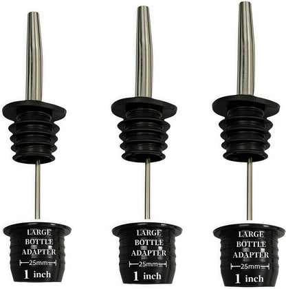 Stainless Steel Classic Bottle Pourers,Black 6 Pack with6 Adapters for Large Neck Bottles,Also for Olive Oil, Juice, Syrup,Converts Any Spout into a Large Pour Spout (3 Pac)