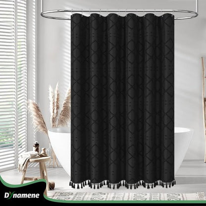 Dynamene Boho Farmhouse Shower Curtain, Black Fabric Chenille Tufted Geometric Striped Textured Cloth Tassel Shower Curtains for Bathroom, Minimalist Shabby Chic Shower Curtain Set 12 Hooks, 72x72