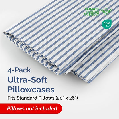 Skiennix Standard Pillow Cases Set of 4 - Soft Hotel Quality Covers - Machine Washable Blue Stripes