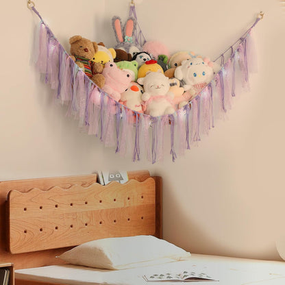 Stuffed Animal Hammock by [Brand Name] - 59-Inch LED Toy Storage Net for Kids' Bedroom | Wall-Mounted Plush Organizer in Handwoven Purple