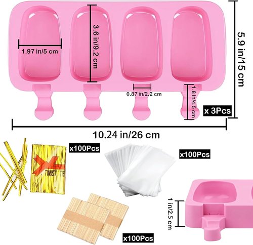 BZIDII Silicone Popsicle Molds Set - 3 Large Oval Molds with 100 Wooden Sticks & Bags | Pink