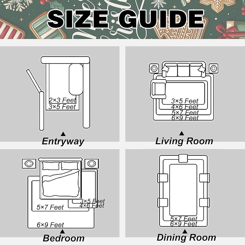 2x3 ft Christmas Rug - Gingerbread Design, Non-Slip, Machine Washable