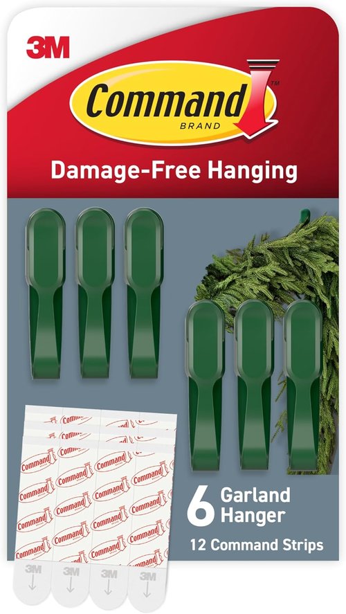Command Garland Holder - Damage-Free Fireplace Mantle Display for Garlands & Wreaths | Holds 2lbs, Green, 6 Pack