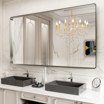 LOAAO 72X40 Inch Brushed Nickel Bathroom Mirror, Rounded Rectangle Silver Metal Frame Mirror, Brushed Nickel, Anti-Rust, Hangs Horizontally or Vertically