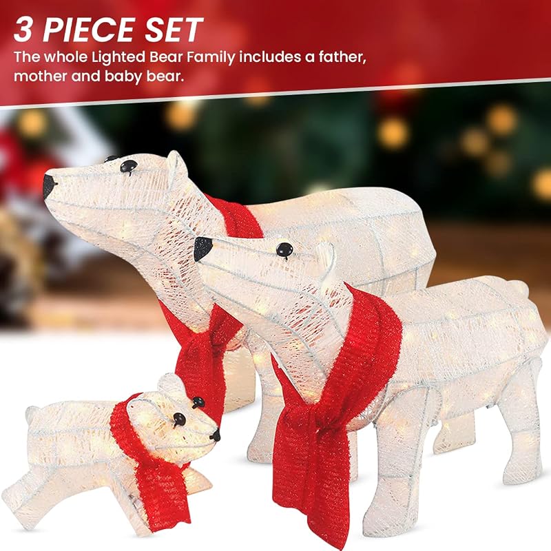 White Polar Bear Family 3-Piece Lighted Outdoor Christmas Decoration | 210 LED Lights