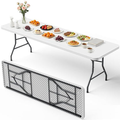 MAKE CHANGES 8ft Folding Table, Heavy Duty Plastic Card Table with Foldable Steel Legs, Metal Frame Support up to 800 lb, Portable for Indoor, Outdoor, Picnic, Camping, Dining, Party, White