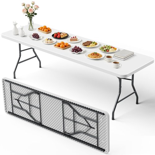 MAKE CHANGES 8ft Folding Table, Heavy Duty Plastic Card Table with Foldable Steel Legs, Metal Frame Support up to 800 lb, Portable for Indoor, Outdoor, Picnic, Camping, Dining, Party, White