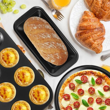 11-Piece Nonstick Baking Pans Set | Professional Grade Carbon Steel Bakeware - Dishwasher Safe, Stackable, Oven Safe to 450°F (Black)
