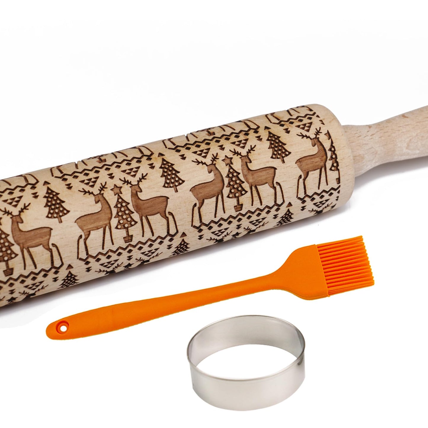 Embossed Rolling Pin for Baking Cookies Christmas Embossing Rolling Pins with Design Wooden Engraved Springerle Roller Pin Animal Dough Patterned Clay Pottery Ceramic Bakers Women (Reindeer & Tree)