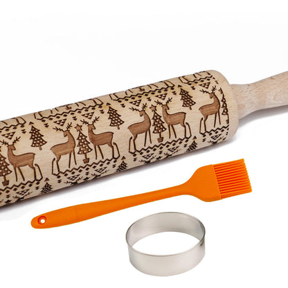 Embossed Rolling Pin for Baking Cookies Christmas Embossing Rolling Pins with Design Wooden Engraved Springerle Roller Pin Animal Dough Patterned Clay Pottery Ceramic Bakers Women (Reindeer & Tree)