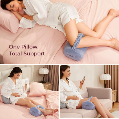 Momcozy Knee Pillow - Soft Memory Foam for Side Sleepers | Adjustable Elastic Strap, Gray Crystal Velvet