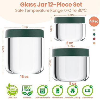12Pack Glass Food Storage Containers - Airtight Overnight Oats Jars with Lids | 16oz, 8oz & 4oz Sizes