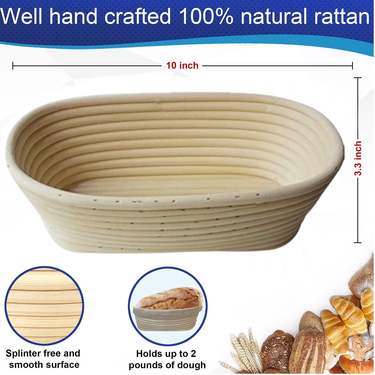 RoEsha 10 Inch Oval Bread Banneton Proofing Basket Set of 2, Bread Baking Kit Sourdough Proofing Basket for Artisanal Bread, Bread Making Tools For Professional & Home Bakers (10 inch oval- 2 pack)