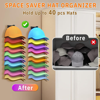 Volnamal Hat Organizer - 2 Pack Baseball Cap Rack Holds Up to 40 Hats | Space-Saving Wall Storage (Black)