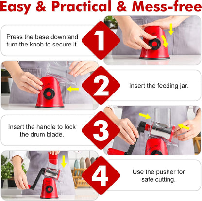 Skiennix Rotary Cheese Grater - Fast Vegetable Slicer with 3 Drum Blades | Efficient Kitchen Tool