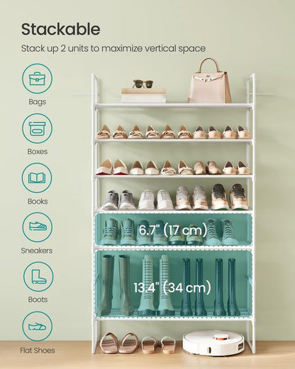SONGMICS Shoe Rack, 4-Tier Shoe Organizer, Metal Storage Shelf, Upright or Upside Down, for 20-25 Pairs, Stackable, for Entryway, 11.8 x 36.2 x 29.1 Inches, Pearl White ULSA014WK01