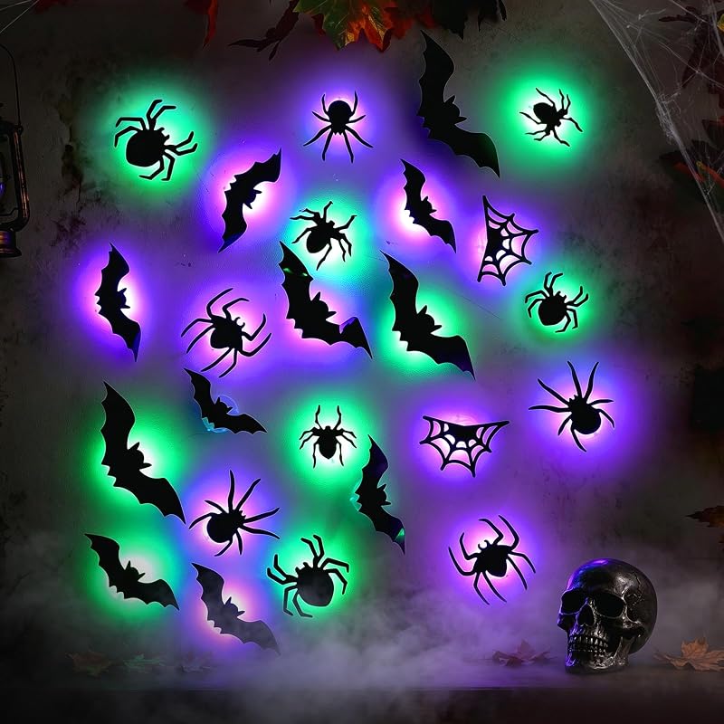 LED Halloween Wall Decor Set – 42pcs 3D Bats & Spiders with Green & Purple Lights