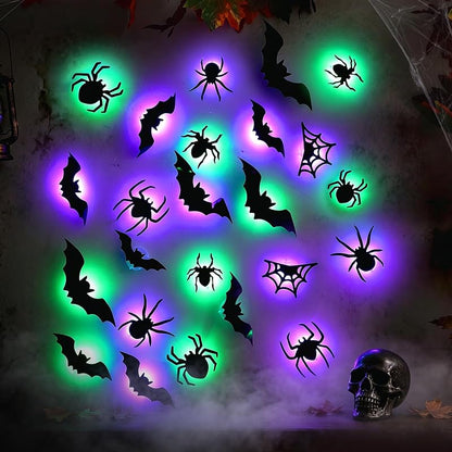 LED Halloween Wall Decor Set – 42pcs 3D Bats & Spiders with Green & Purple Lights